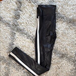 Spanx Black Faux Leather Leggings with White Stripe